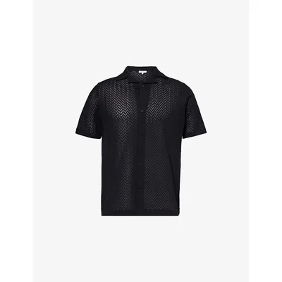 Arne Mens Black Short-sleeve Crochet-knit Woven Shirt Xxl