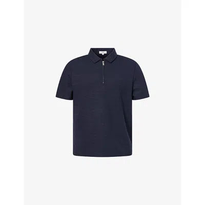 Arne Mens Cavour Textured Zip Woven Polo Shirt Navy