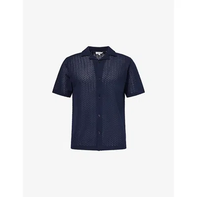 Arne Mens Navy Short-sleeve Crochet-knit Woven Shirt