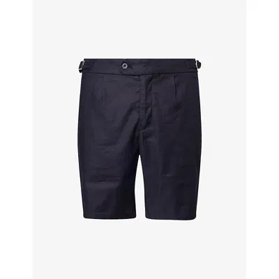 Arne Mens Navy Tailored Darted Linen-cotton Blend Shorts In Blue