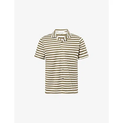 Arne Mens Olive Striped Textured Knitted Shirt In Green