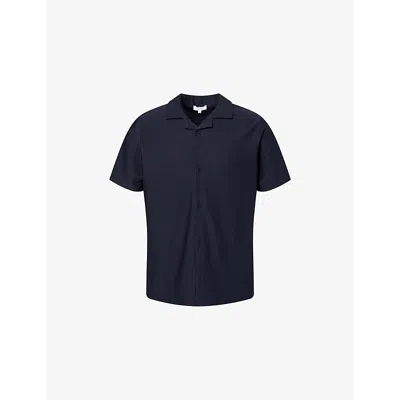 Arne Mens Revere-collar Pleated Woven Shirt Navy