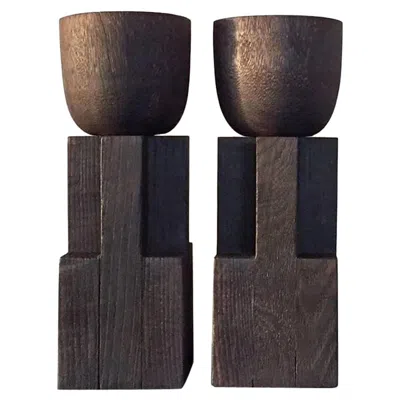 Pre-owned Arno Declercq Pair Of Black Iroko Wood Goblet Bowl, Signed