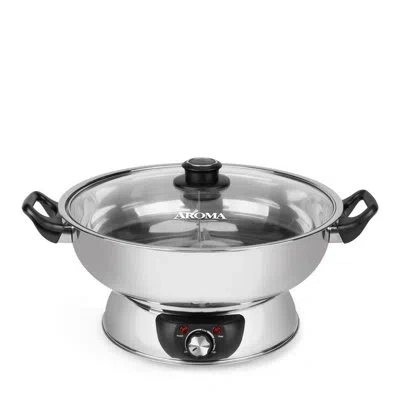 Aroma Electric Hot Pot, Dual-sided Stainless Steel Pot, Shabu Shabu, Adjustable Heat Settings, Stainless S In Silver