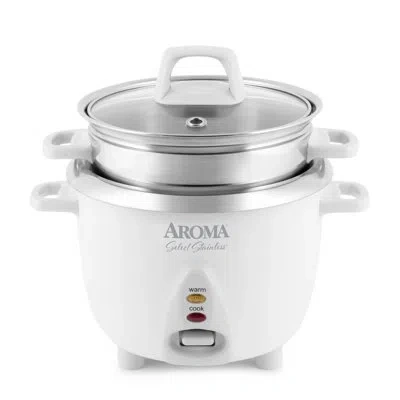 Aroma Select Stainless Rice Cooker, 3-cup (uncooked) / 6-cup (cooked), Steamer, Stainless Steel Inner Pot, In White