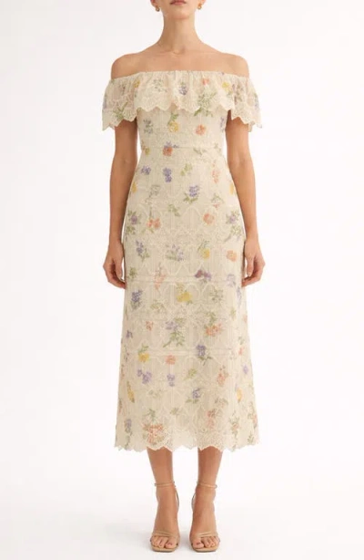 Arose Studio Brinley Embroidered Off The Shoulder Midi Dress In White