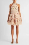 Arose Studio Danna Floral Print Halter Minidress In Beige Floral
