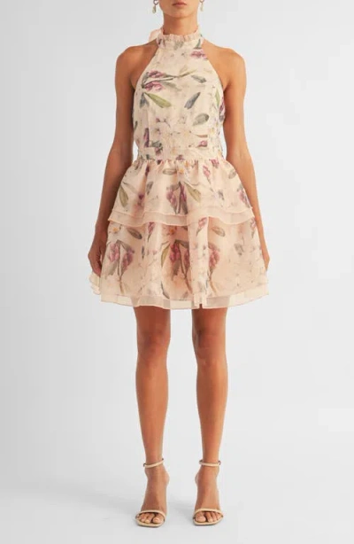 Arose Studio Danna Floral Print Halter Minidress In Beige Floral