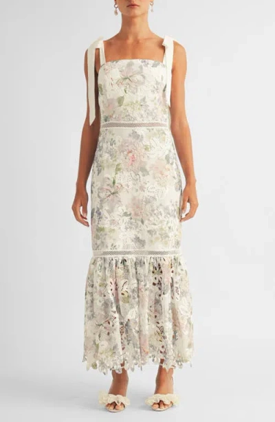 Arose Studio Madison Floral Lace Tie Strap Sleeveless Midi Dress In White Multi
