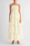 Arose Studio Milan Floral Jaquard Strapless Tiered Gown In White