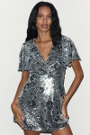 Arose Studio Short-sleeve V-neck Sequin Mini Dress In Silver