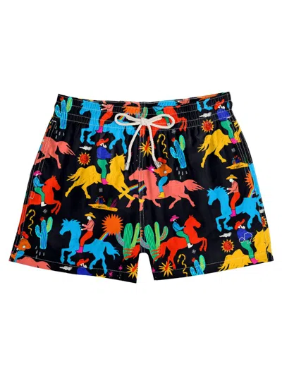 Arrels Barcelona Men's Black Cowboy Printed Drawstring Swim Shorts In Multi