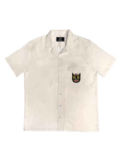 Arrels Barcelona Men's Small Cat Graphic Patch Pocket Camp Shirt In White