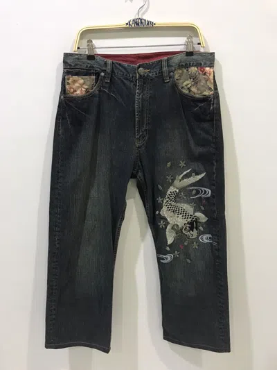 Pre-owned Art Big Koi Fish Embroidery Denim