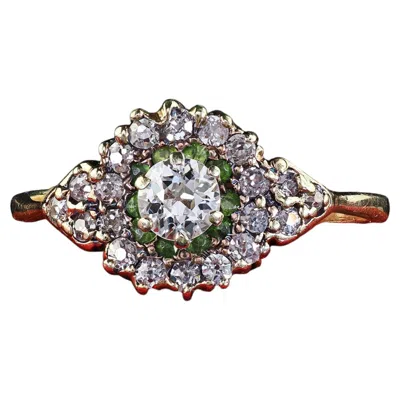 Pre-owned Art Carved Antique Victorian 14k Yellow Gold Old Mine Diamond And Demantoid Engagement Ring