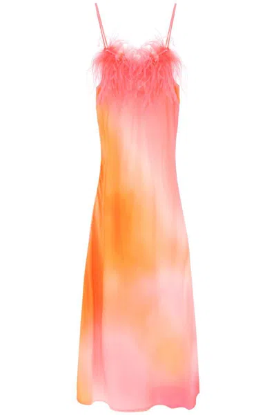 Art Dealer 'ella' Maxi Slip Dress In Jacquard Satin With Feathers In Arancio