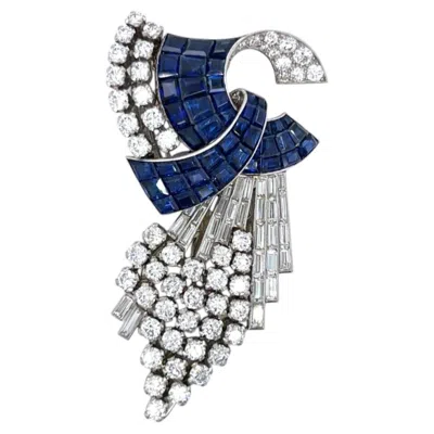 Pre-owned Art Deco Brooch Art Deco 12.50 Carat Invisible Setting Sapphire And Diamond Platinum Brooch In Blue