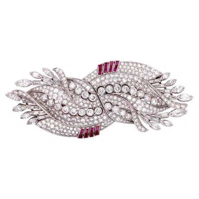 Pre-owned Art Deco Brooch Brooch - I Art Deco 20.00 Ctw Diamond & Ruby Platinum Double-clip Brooch. In Multi