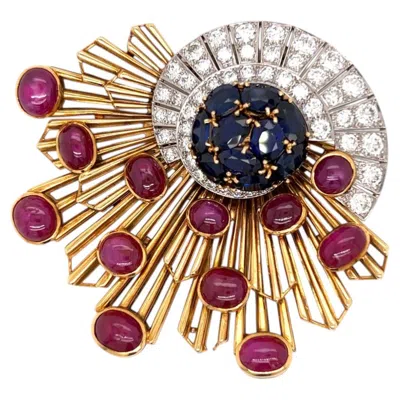 Pre-owned Art Deco Brooch Brooch-1940s Sunburst Spray Brooch 50g 18k Gold 18.00 Ct Cabochon Ruby Plaque. In Multi