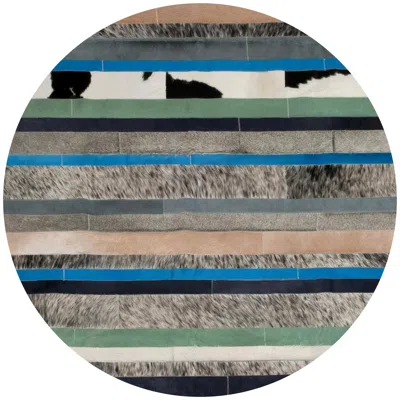 Pre-owned Art Hide Blue Black & White Customizable Round Nueva Raya Cowhide Area Floor Rug Large