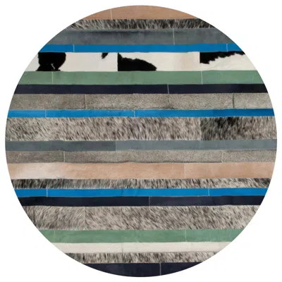 Pre-owned Art Hide Blue Black & White Customizable Round Nueva Raya Cowhide Area Floor Rug X-large