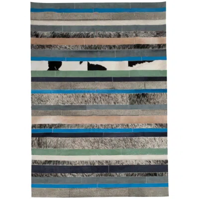 Pre-owned Art Hide Blue, Black & White Stripes Nueva Raya Customizable Cowhide Area Rug Medium