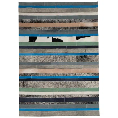 Pre-owned Art Hide Blue, Black & White Stripes Nueva Raya Customizable Cowhide Area Rug X-large