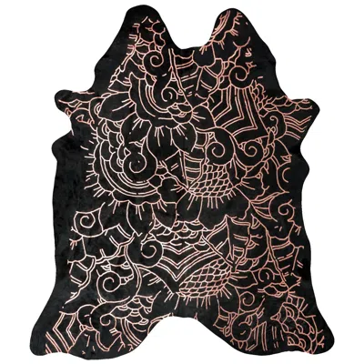 Pre-owned Art Hide Copper Metallic Boho Batik Pattern Black Cowhide Rug, Medium