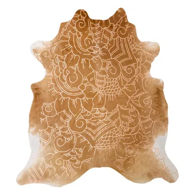 Pre-owned Art Hide Copper Metallic Boho Batik Pattern Caramel Cowhide Rug, Large In Brown