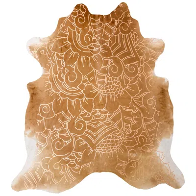 Pre-owned Art Hide Copper Metallic Boho Batik Pattern Caramel Cowhide Rug, Medium In Brown