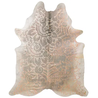 Pre-owned Art Hide Copper Metallic Boho Batik Pattern Gray Cowhide Rug, Medium