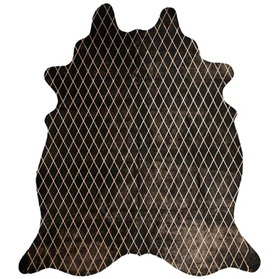 Pre-owned Art Hide Copper Metallic Diamond Pattern Black Cowhide Rug, Large