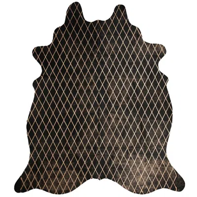 Pre-owned Art Hide Copper Metallic Diamond Pattern Black Cowhide Rug, Medium