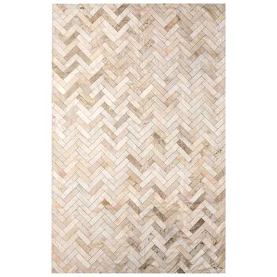 Pre-owned Art Hide Cream & Gold Herringbone Customizable Estrella Cowhide Area Floor Rug X-large In White
