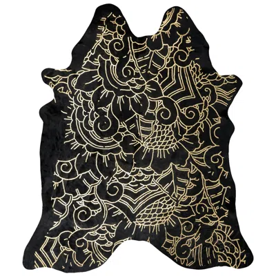 Pre-owned Art Hide Gold Metallic Boho Batik Pattern Black Cowhide Rug, Medium