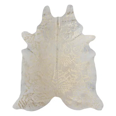 Pre-owned Art Hide Gold Metallic Boho Batik Pattern Cream Cowhide Rug, Large In White