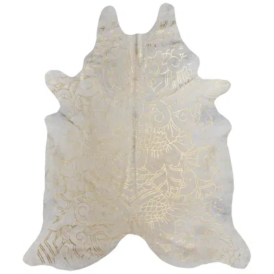 Pre-owned Art Hide Gold Metallic Boho Batik Pattern Cream Cowhide Rug, Medium In White