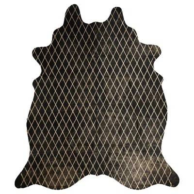 Pre-owned Art Hide Gold Metallic Diamond Pattern Black Cowhide Rug, Large