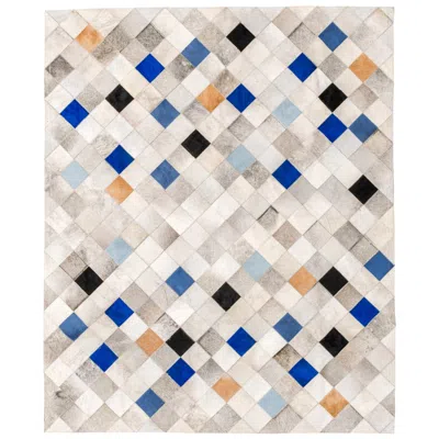 Pre-owned Art Hide Gray, Blue And Caramel Falling Squares Cowhide Area Floor Rug Large