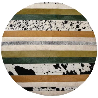 Pre-owned Art Hide Green, Black & White Round Nueva Raya Customizable Cowhide Area Floor Rug Large
