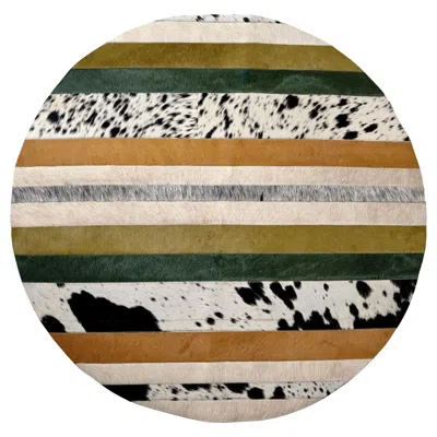 Pre-owned Art Hide Green, Black & White Round Nueva Raya Customizable Cowhide Area Floor Rug Small