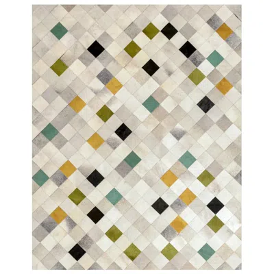 Pre-owned Art Hide Green, Gray, Mustard Falling Squares Customizable Cowhide Area Floor Rug Large In Yellow