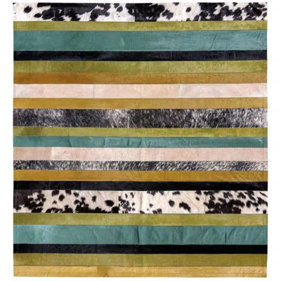 Pre-owned Art Hide Green Ochre & White Stripes Nueva Raya Customizable Cowhide Area Rug Medium