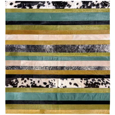Pre-owned Art Hide Green Ochre And White Stripes Nueva Raya Customizable Cowhide Area Rug X-large