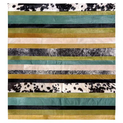 Pre-owned Art Hide Green Ochre And White Stripes Nueva Raya Customizable Cowhide Area Rug Xx-large