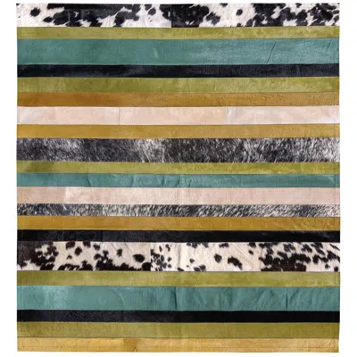 Pre-owned Art Hide Green Ochre Black & White Stripes Nueva Raya Customizable Cowhide Area Rug Small