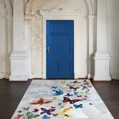 Art Hide Mariposa Rectangle Cowhide Area Rug In Ivory,orange,yellow,blue