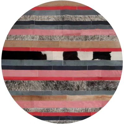 Pre-owned Art Hide Peach, Gray & White Round Nueva Raya Customizable Cowhide Area Floor Rug Large
