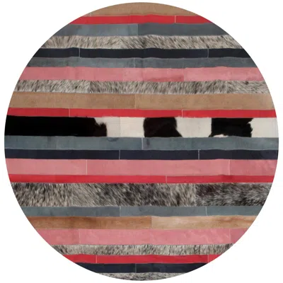 Pre-owned Art Hide Peach, Gray & White Round Nueva Raya Customizable Cowhide Area Floor Rug Small