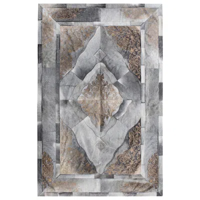 Pre-owned Art Hide Persian Gold, Gray Laser Burn Sueño Customizable Cowhide Area Floor Rug X-large